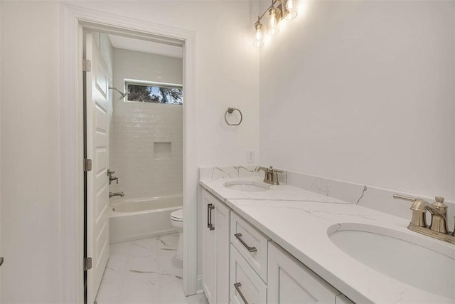 full bathroom with vanity,  shower combination, and toilet