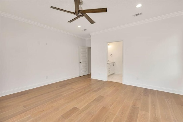 unfurnished bedroom featuring ceiling fan, ensuite bath, ornamental molding, and light wood-type flooring