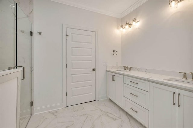 bathroom with vanity, crown molding, and a shower with door