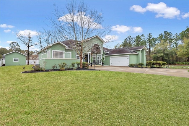 view of front of house featuring a front lawn, concrete driveway, a garage, and stucco siding