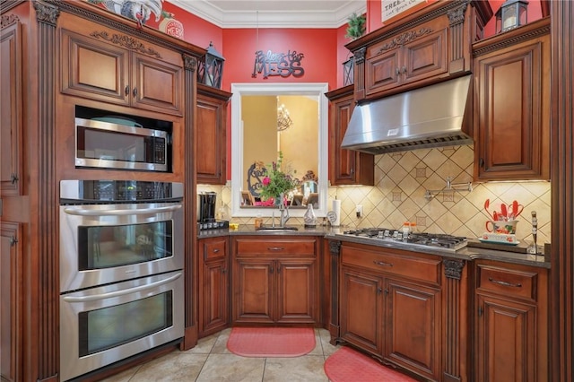 kitchen with crown molding, under cabinet range hood, decorative backsplash, stainless steel appliances, and a sink