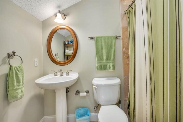 122 Country Club Dr, Saint Simons Island, GA 31522 - bathroom featuring sink, a shower with curtain, vaulted ceiling, a textured ceiling, and toilet