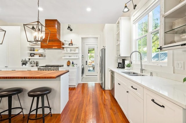 kitchen featuring premium range hood, open shelves, a sink, appliances with stainless steel finishes, and butcher block counters