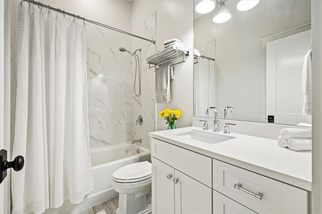 full bath with toilet, vanity, shower / tub combo with curtain, and wood finished floors