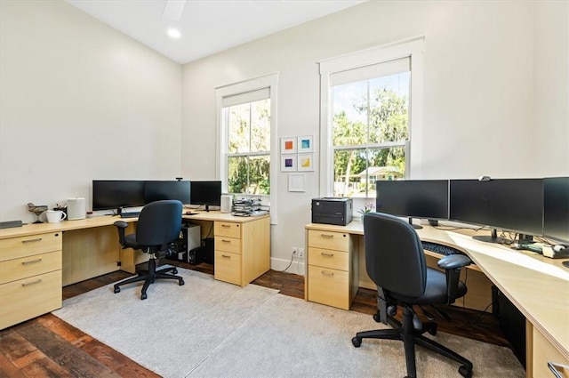 office with recessed lighting and wood finished floors