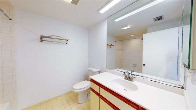 full bathroom featuring vanity, baseboards, visible vents, tile patterned flooring, and toilet