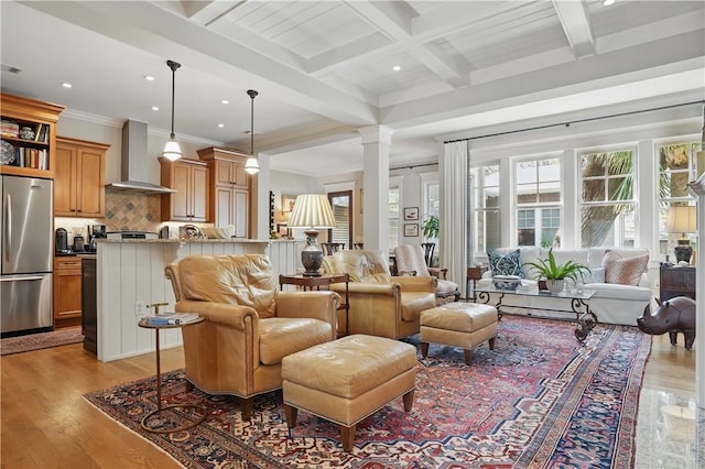 living room with coffered ceiling, decorative columns, beam ceiling, wood finished floors, and recessed lighting