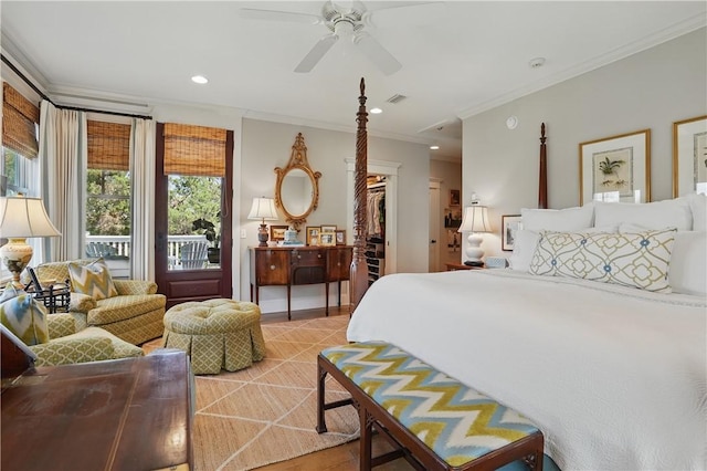 bedroom with light tile patterned flooring, visible vents, ornamental molding, ceiling fan, and recessed lighting