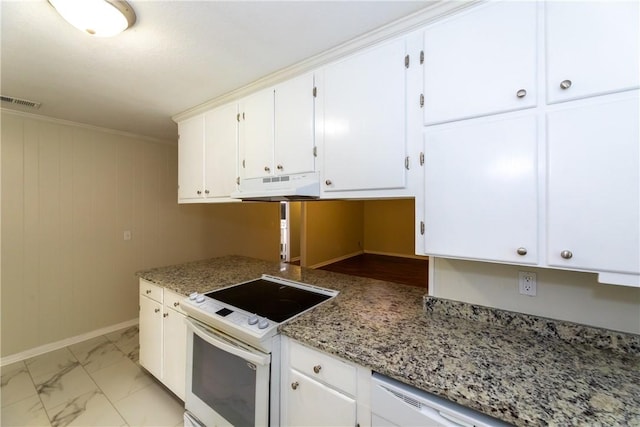 907 Euclid Ave, Waycross, GA 31501 - kitchen with white appliances, under cabinet range hood, white cabinetry, and light marble finish floors