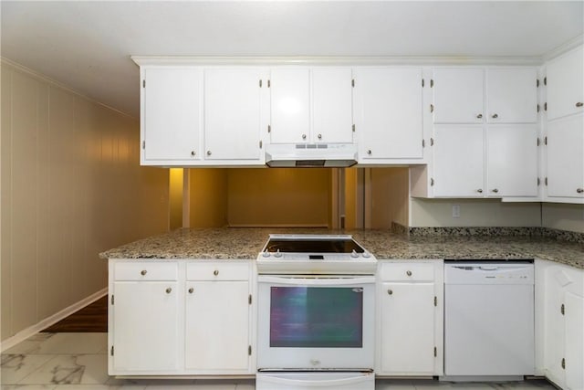 907 Euclid Ave, Waycross, GA 31501 - kitchen with white appliances, under cabinet range hood, light marble finish flooring, crown molding, and white cabinets