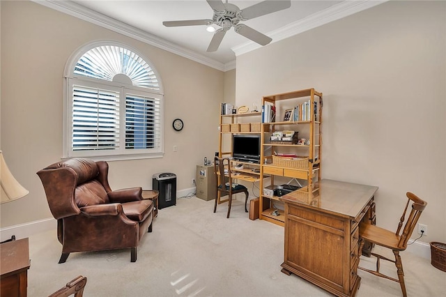 office with ceiling fan, ornamental molding, and light carpet