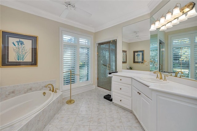 bathroom with tile patterned floors, ceiling fan, crown molding, and vanity