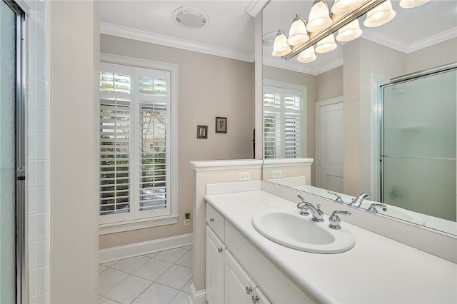 bathroom featuring tile patterned floors, a shower with shower door, ornamental molding, and vanity