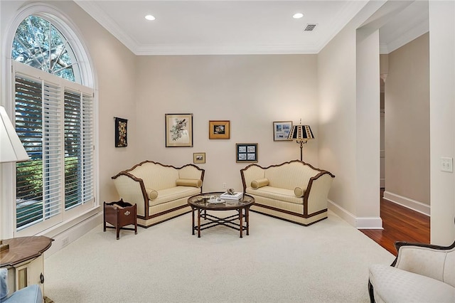 living room with a wealth of natural light and ornamental molding