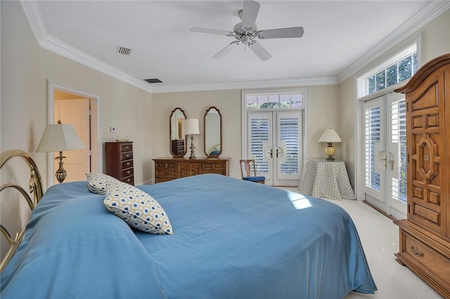 carpeted bedroom with access to exterior, french doors, ceiling fan, and crown molding