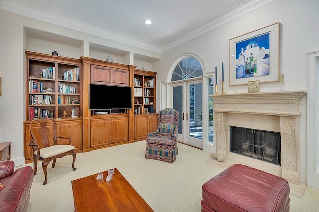 living room with light carpet, french doors, and ornamental molding