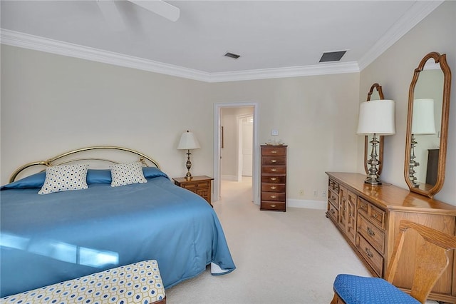 carpeted bedroom featuring ceiling fan and ornamental molding