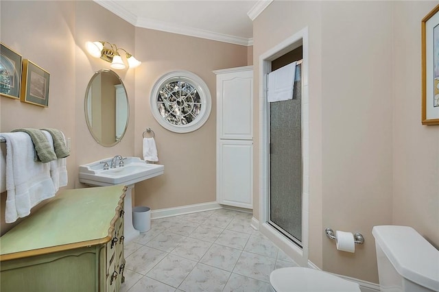 bathroom with tile patterned flooring, a shower with shower door, toilet, and ornamental molding