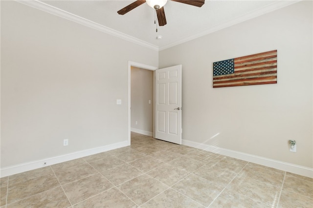 empty room featuring light tile patterned floors, ornamental molding, and ceiling fan