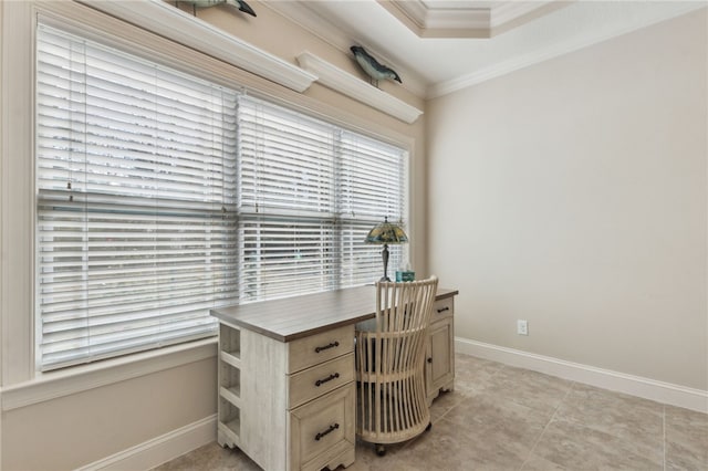 tiled office featuring crown molding