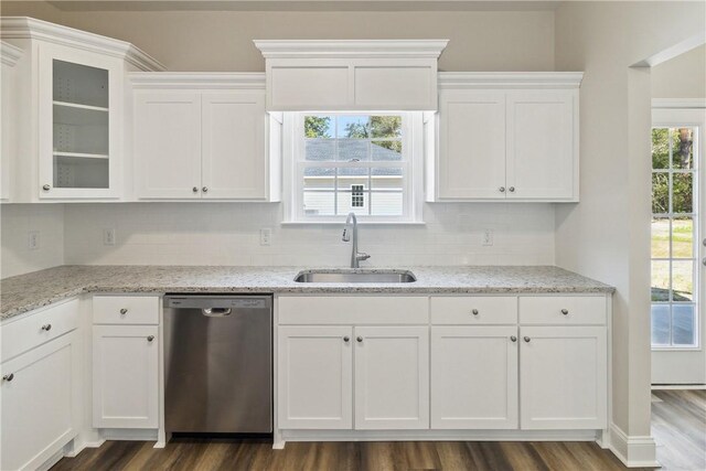 kitchen with dark hardwood / wood-style floors, stainless steel dishwasher, a wealth of natural light, and sink