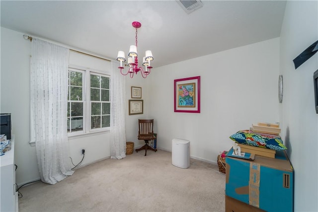 recreation room featuring carpet floors, a notable chandelier, and visible vents