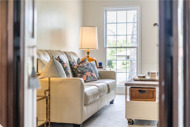 sitting room with a healthy amount of sunlight and carpet flooring