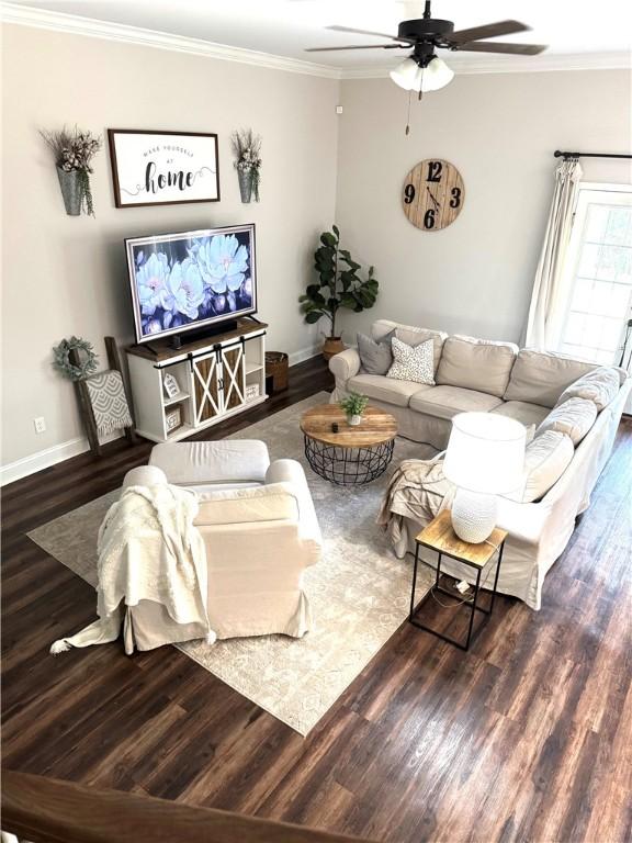 living room featuring a ceiling fan, wood finished floors, baseboards, and ornamental molding