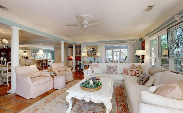 231 Magnolia Ave, Saint Simons Island, GA 31522 - tiled living room featuring ornate columns, ornamental molding, plenty of natural light, and ceiling fan