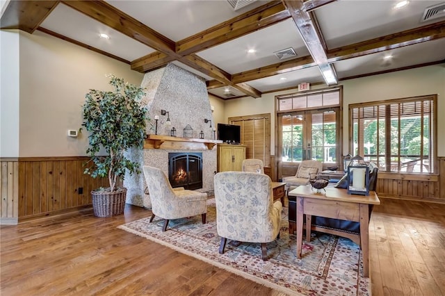 104 Tidal Marsh Way, Saint Marys, GA 31558 - living area with hardwood / wood-style floors, beamed ceiling, wainscoting, coffered ceiling, and a fireplace
