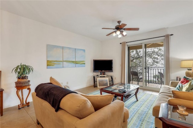 760 Ocean Blvd Unit 402, Saint Simons Island, GA 31522 - living room featuring ceiling fan, light tile patterned floors, and baseboards