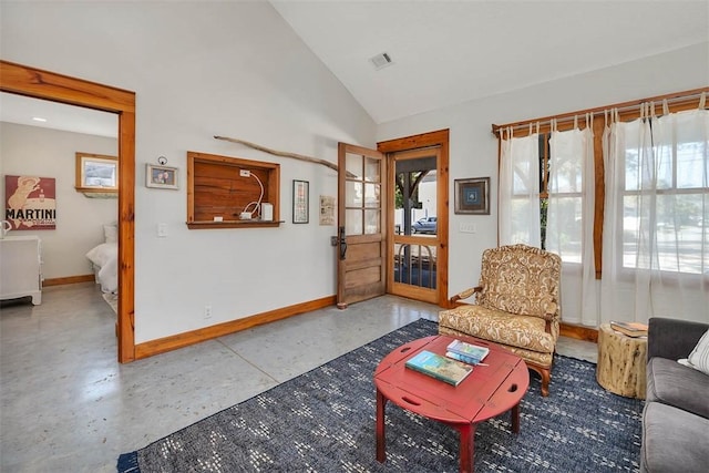 living room featuring lofted ceiling