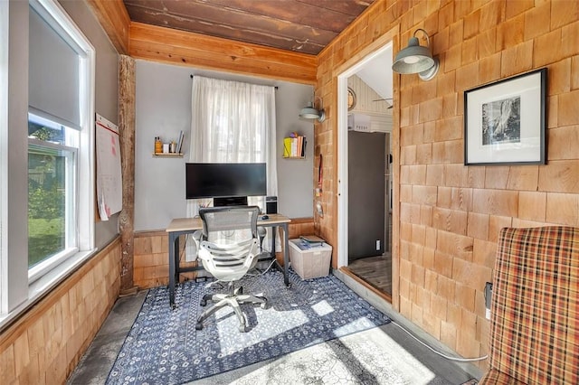 office space featuring wood ceiling and wooden walls