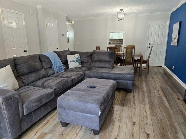 living room featuring hardwood / wood-style floors, a textured ceiling, crown molding, and a chandelier