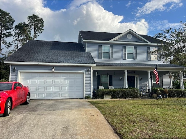 front of property featuring a porch, a front yard, and a garage