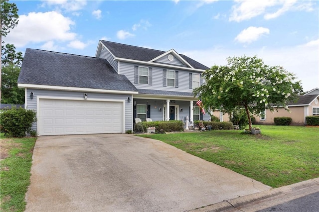 view of front of property with covered porch, a garage, and a front lawn