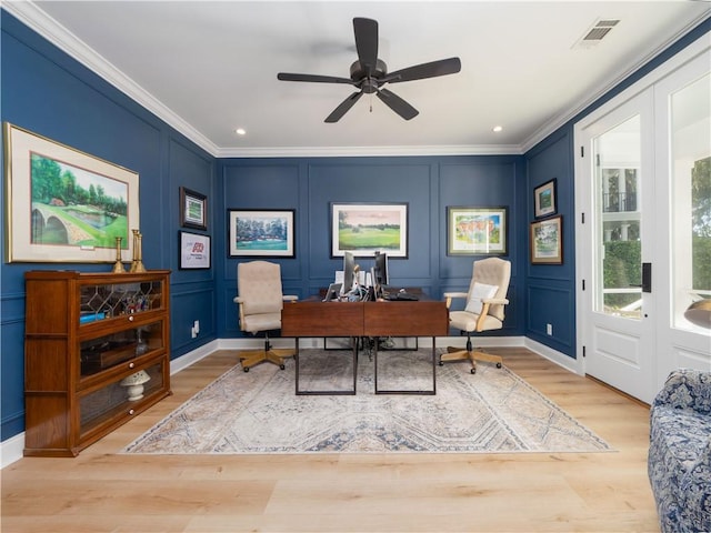 904 Champney, Saint Simons Island, GA 31522 - office area with a decorative wall, crown molding, wood finished floors, recessed lighting, and a ceiling fan