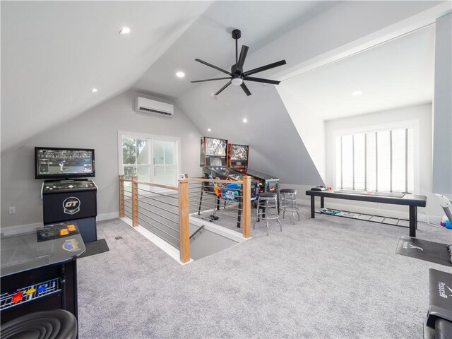 904 Champney, Saint Simons Island, GA 31522 - playroom with a wall mounted air conditioner, vaulted ceiling, carpet, a ceiling fan, and recessed lighting