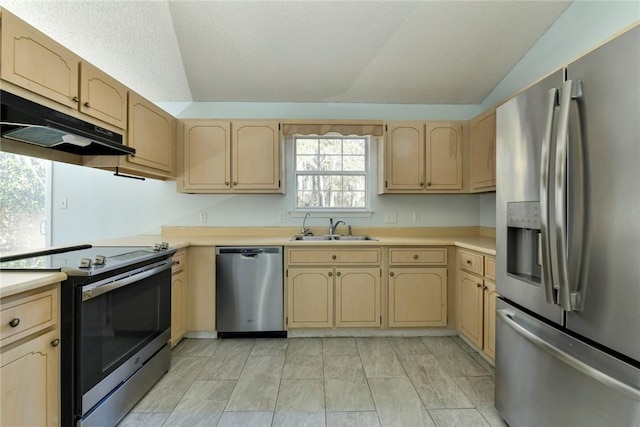 kitchen with sink, stainless steel appliances, vaulted ceiling, and light brown cabinets