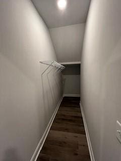 walk in closet with dark hardwood / wood-style floors and lofted ceiling