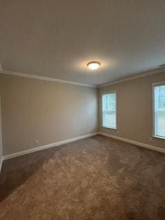 carpeted spare room featuring crown molding