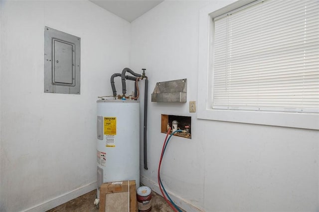 utility room featuring electric panel and water heater