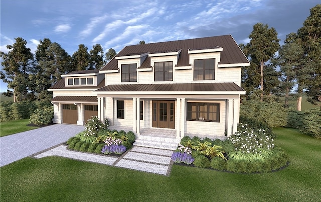 view of front of property featuring a porch, a garage, and a front lawn