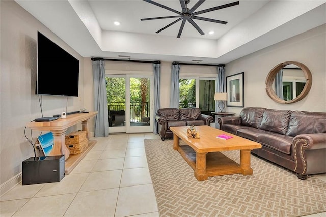 150 Salt Air Dr Unit 202, Saint Simons Island, GA 31522 - living area with ceiling fan, light tile patterned floors, a raised ceiling, and recessed lighting