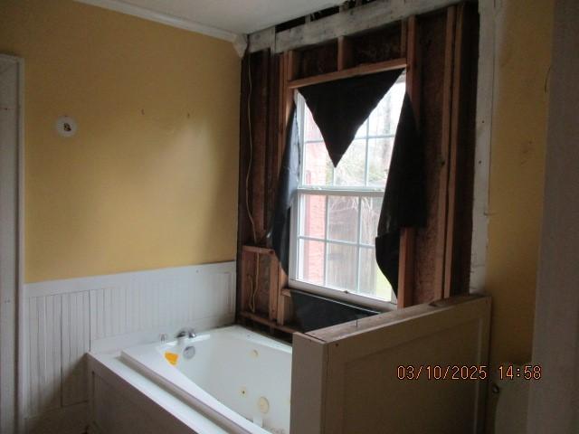 full bath with crown molding, a jetted tub, and a wainscoted wall