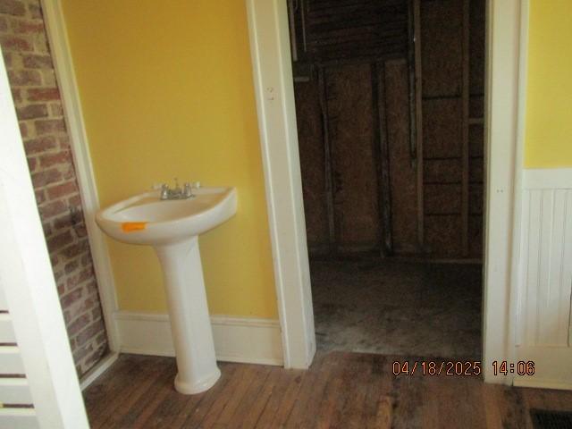 bathroom with wood finished floors and a sink
