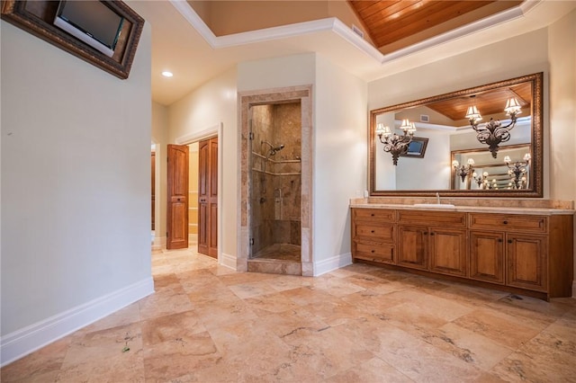 178 Hampton Point Dr, Saint Simons Island, GA 31522 - bathroom with vanity, a stall shower, ornamental molding, a chandelier, and recessed lighting