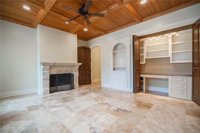 178 Hampton Point Dr, Saint Simons Island, GA 31522 - unfurnished living room with a wooden ceiling with exposed beams, a ceiling fan, recessed lighting, a fireplace, and built in desk