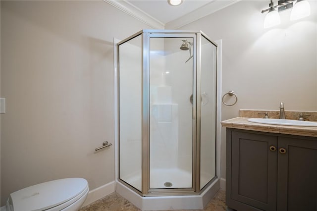 178 Hampton Point Dr, Saint Simons Island, GA 31522 - bathroom with a shower stall, vanity, and crown molding