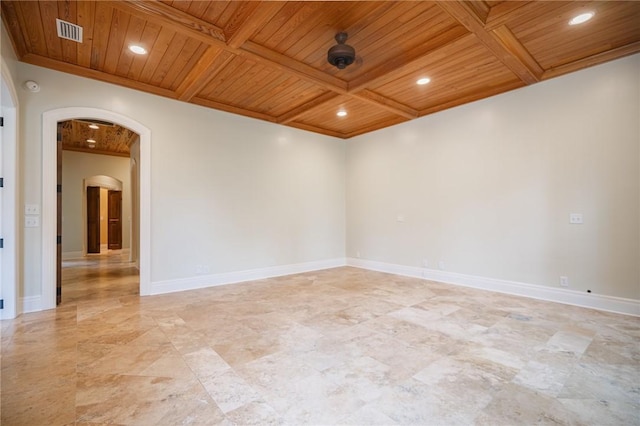 178 Hampton Point Dr, Saint Simons Island, GA 31522 - spare room with a wood ceiling with exposed beams, arched walkways, recessed lighting, and coffered ceiling
